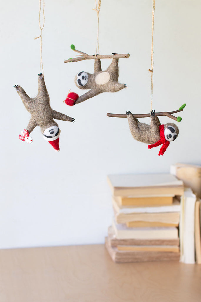 Set of 3 Felt Christmas Sloth Ornaments - Bombay Mercantile