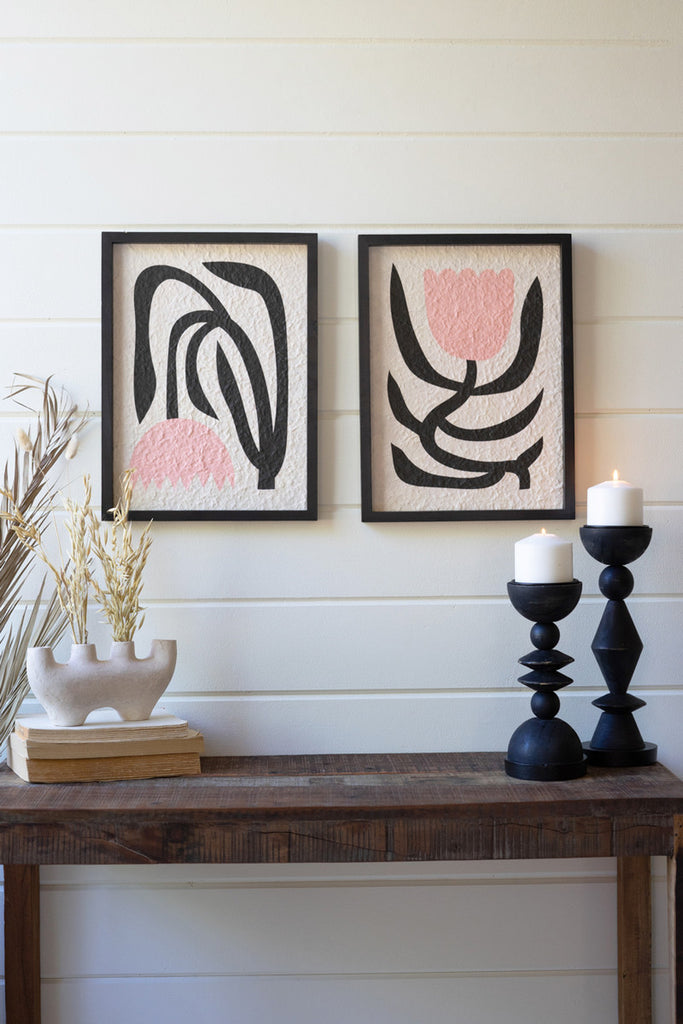 Set of 2 Framed Pink and Black Textured Flower Prints - Bombay Mercantile