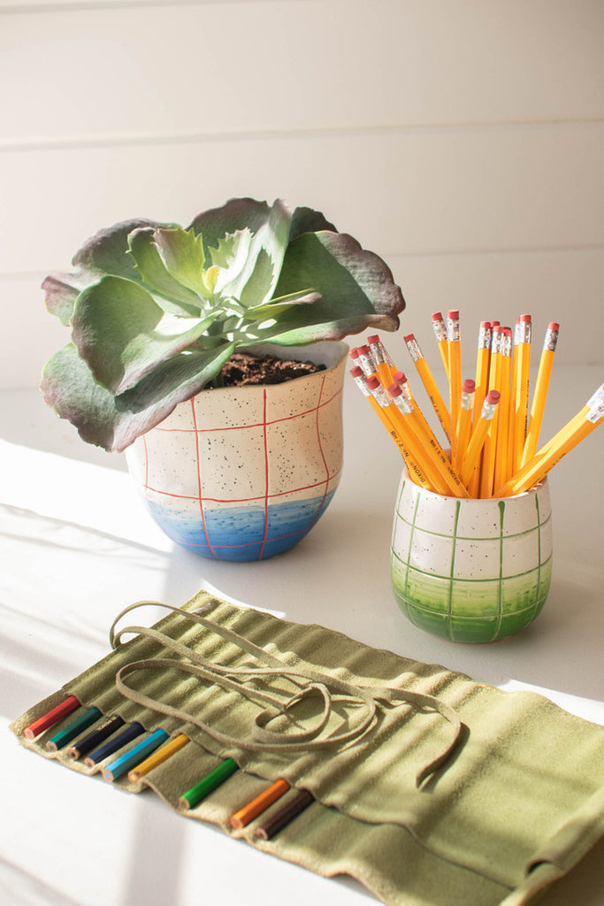 Set of 2 Green and Blue Ceramic Planters - Bombay Mercantile