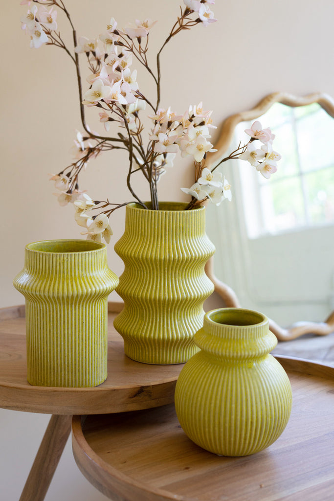 Set of 3 Chartreuse Ceramic Vases - Bombay Mercantile
