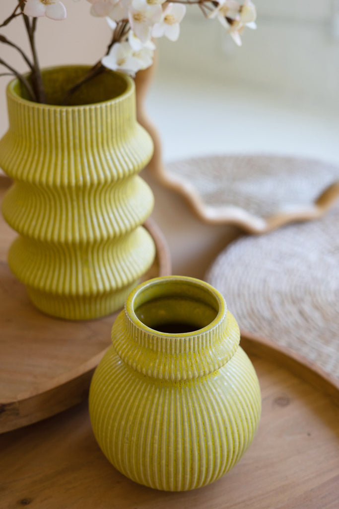 Set of 3 Chartreuse Ceramic Vases - Bombay Mercantile