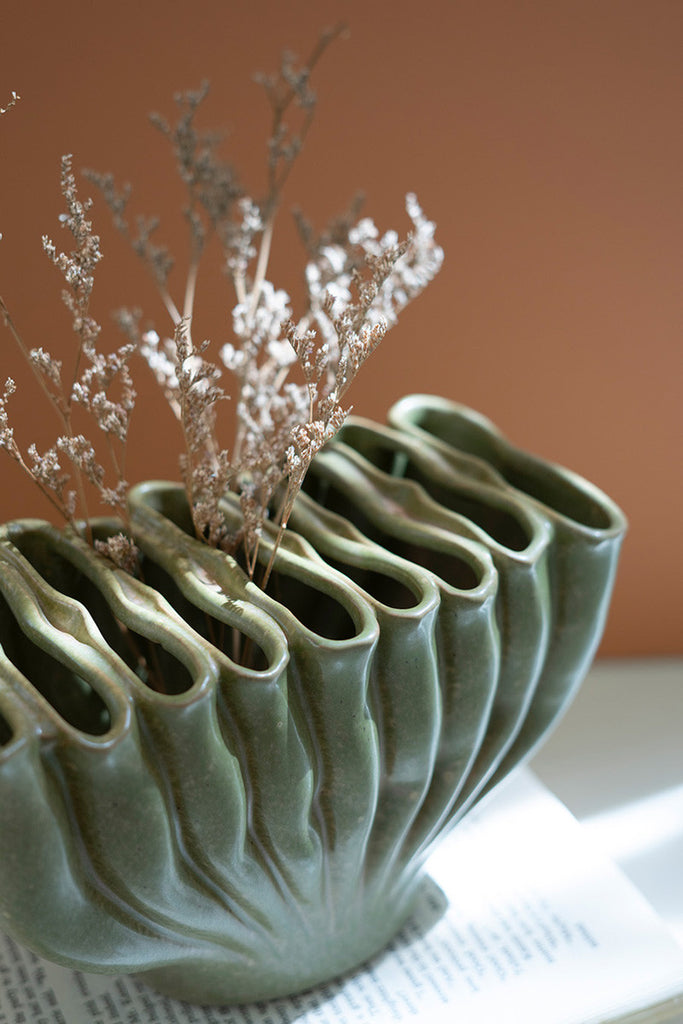 Green Ceramic Folds Vase, Set of 2 - Bombay Mercantile