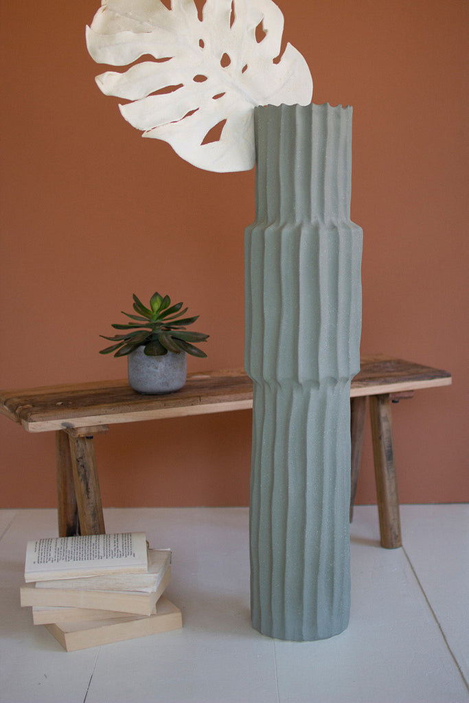 Ribbed Green Ceramic Vase / Large - Bombay Mercantile