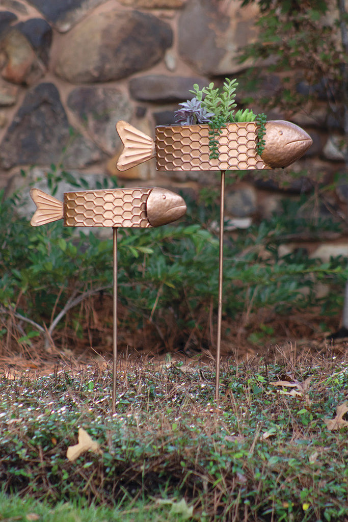 Set of 2 Metal Fish Planter Yard Stakes with Copper Finish - Bombay Mercantile
