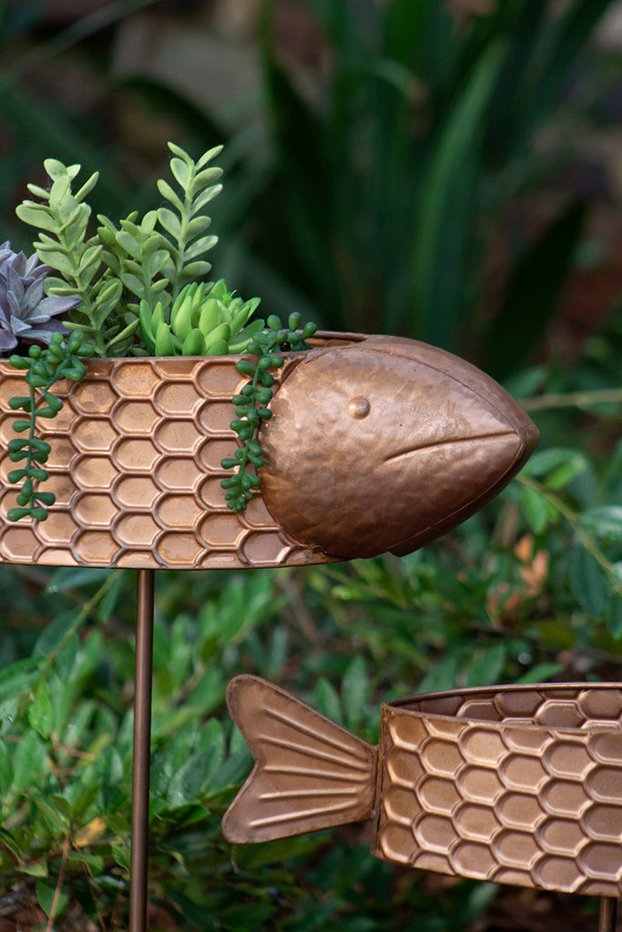 Set of 2 Metal Fish Planter Yard Stakes with Copper Finish - Bombay Mercantile