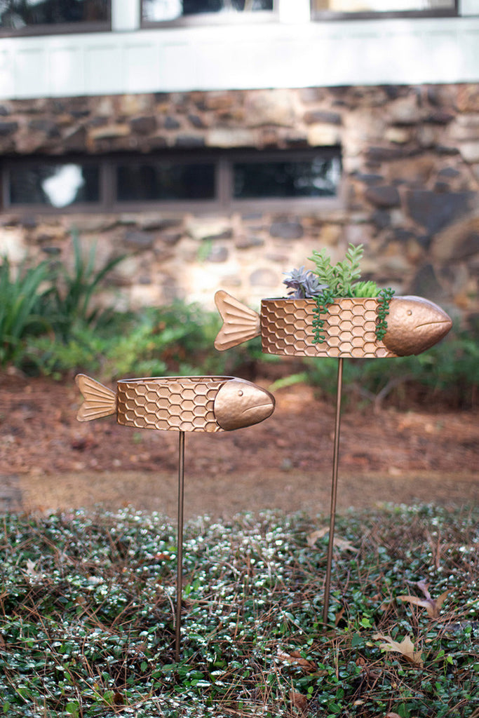 Set of 2 Metal Fish Planter Yard Stakes with Copper Finish - Bombay Mercantile