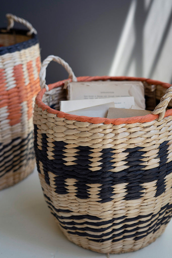 Set of 2 Woven Orange and Black Seagrass Baskets - Bombay Mercantile