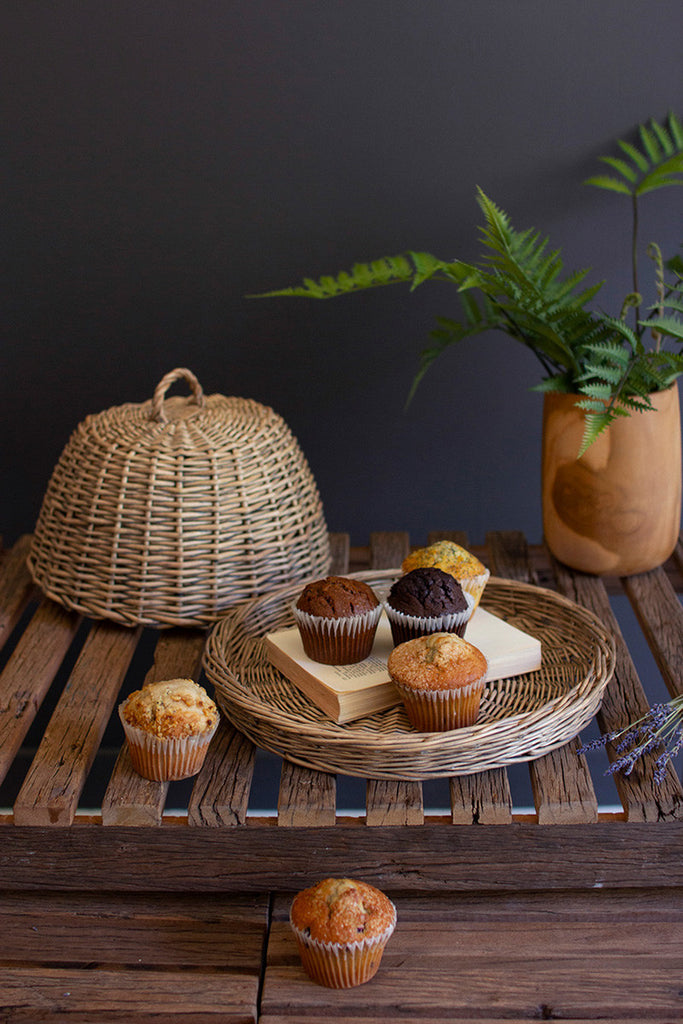 Wicker Serving Tray with Dome Cover, Set of 2 - Bombay Mercantile