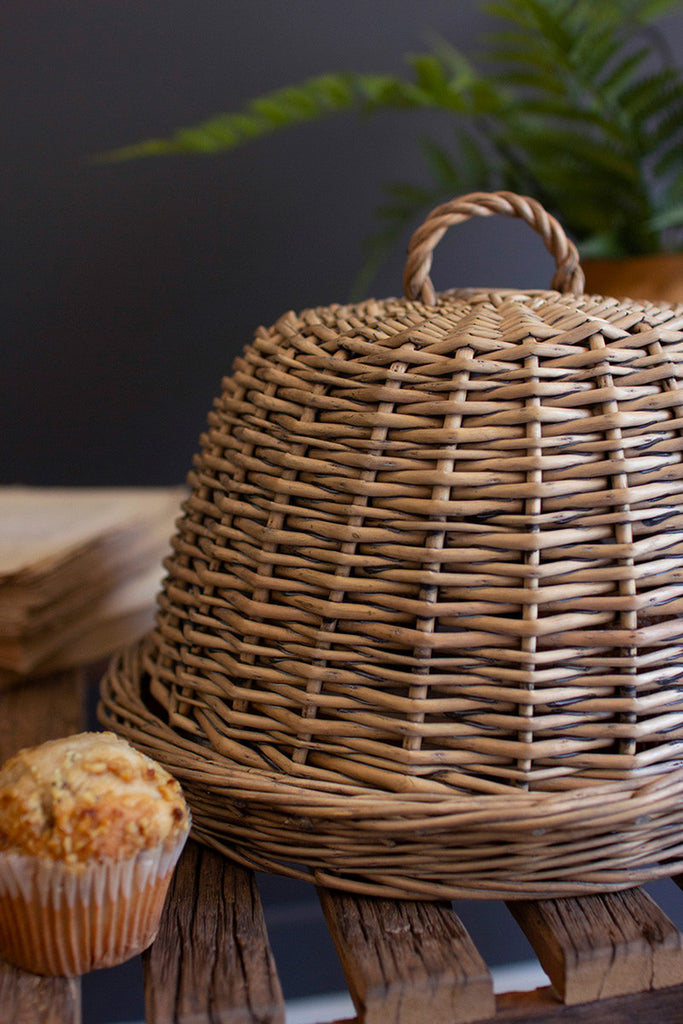 Wicker Serving Tray with Dome Cover, Set of 2 - Bombay Mercantile