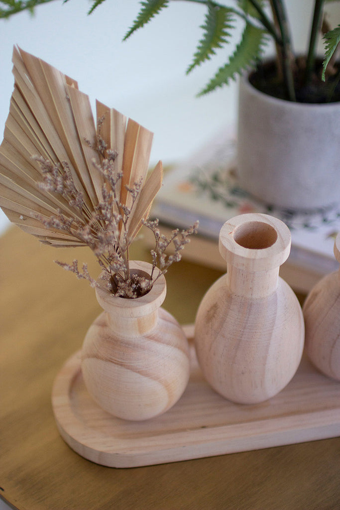 Three Wooden Bud Vases on a Tray - Bombay Mercantile