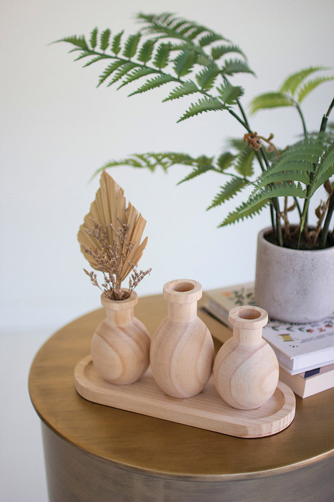 Three Wooden Bud Vases on a Tray - Bombay Mercantile