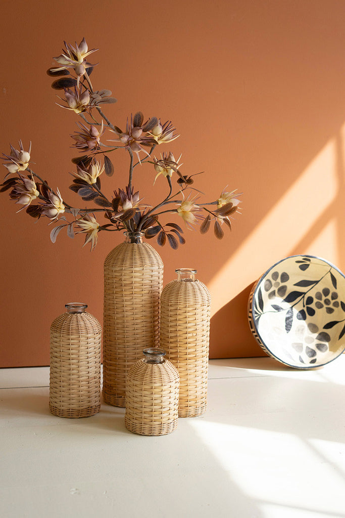 Set of 4 Rattan Wrapped Glass Vases - Bombay Mercantile