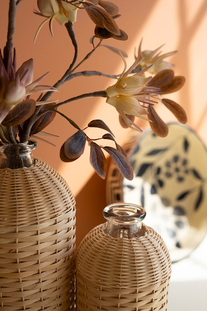 Set of 4 Rattan Wrapped Glass Vases - Bombay Mercantile