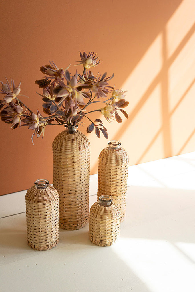 Set of 4 Rattan Wrapped Glass Vases - Bombay Mercantile