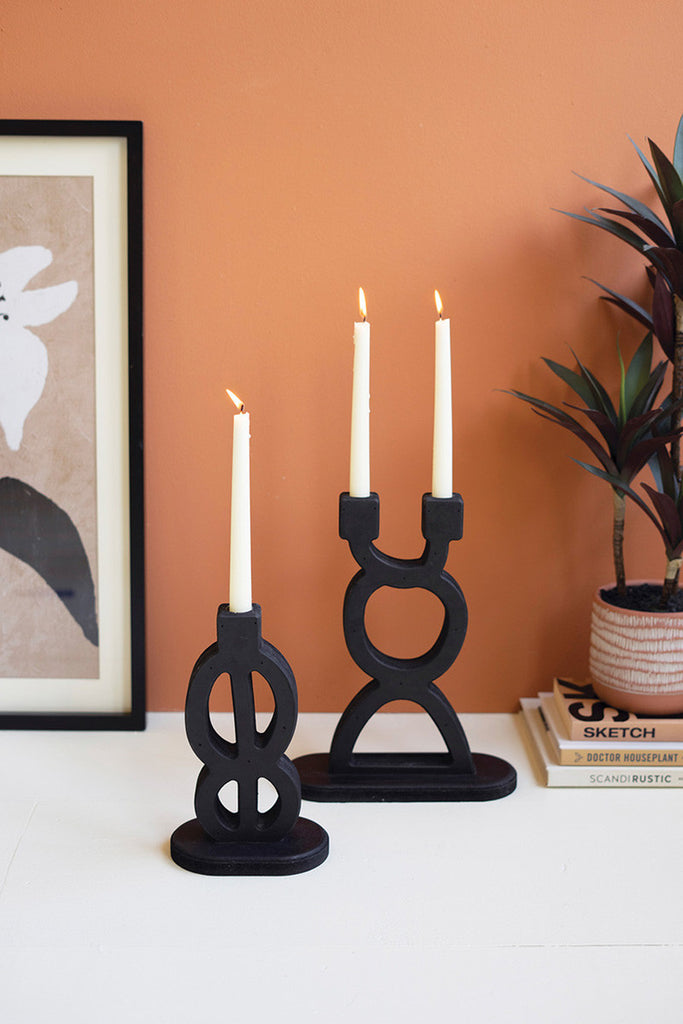 Set of 2 Black Wooden Taper Candle Holders - Bombay Mercantile