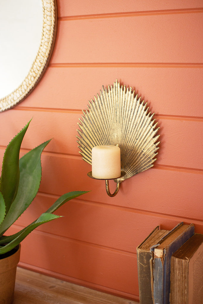 Antique Brass Palm Leaf Candle Sconce, Set of 2 - Bombay Mercantile