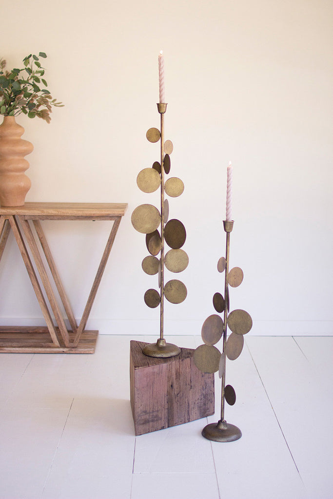 Set of 2 Antique Brass Candle Holders with Round Discs - Bombay Mercantile