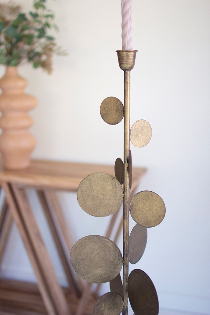 Set of 2 Antique Brass Candle Holders with Round Discs - Bombay Mercantile