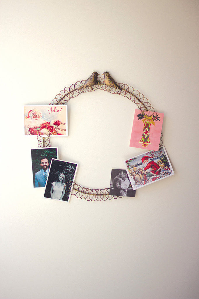 Metal Christmas Card Wreath with Two Birds - Bombay Mercantile