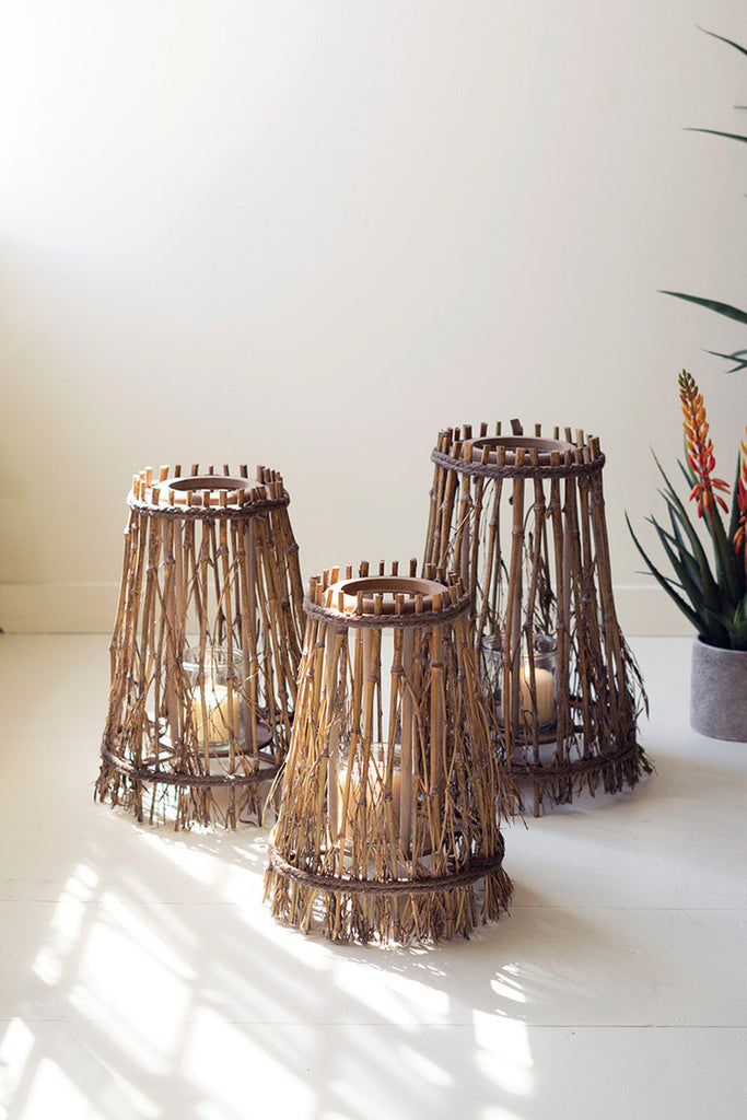 Set of 3 Natural Bamboo and Wood Lanterns - Bombay Mercantile