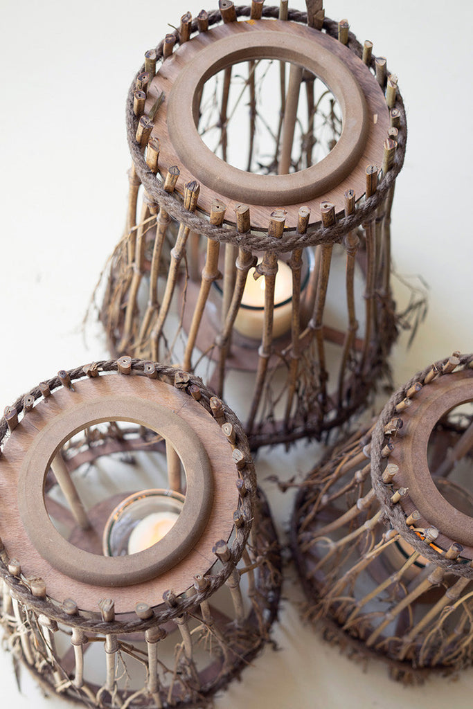 Set of 3 Natural Bamboo and Wood Lanterns - Bombay Mercantile