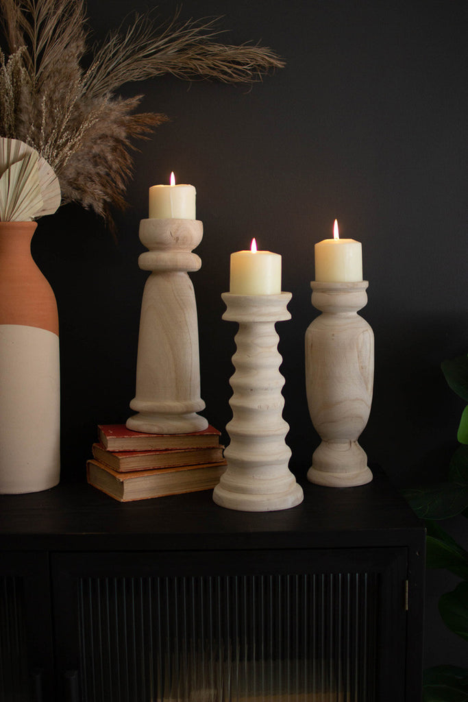 Set of 3 Turned Wooden Candle Holders - Bombay Mercantile