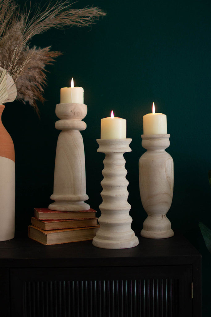 Set of 3 Turned Wooden Candle Holders - Bombay Mercantile