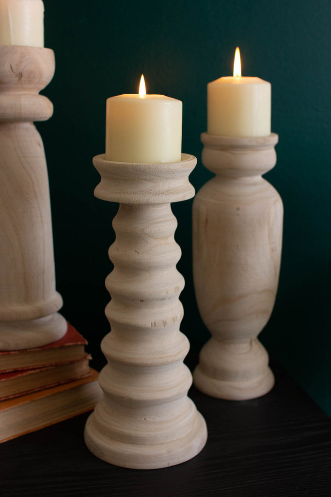 Set of 3 Turned Wooden Candle Holders - Bombay Mercantile