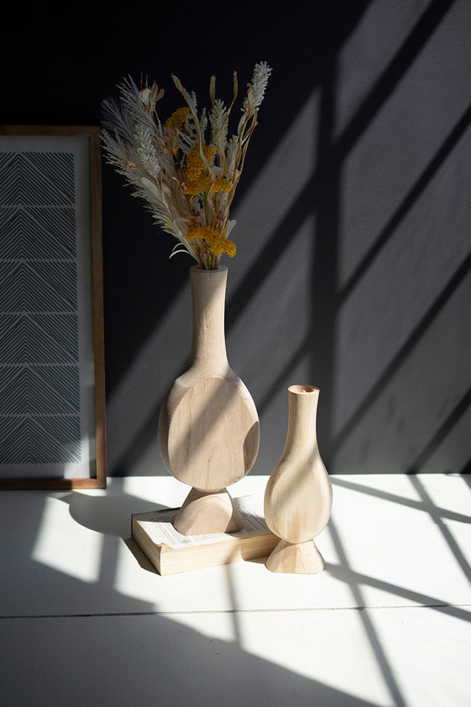 Set of 2 Carved Wooden Bud Vases - Bombay Mercantile