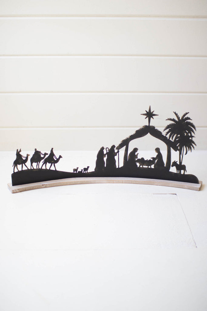 Black Metal Nativity on a Curved White Wood Base, Set of 2 - Bombay Mercantile