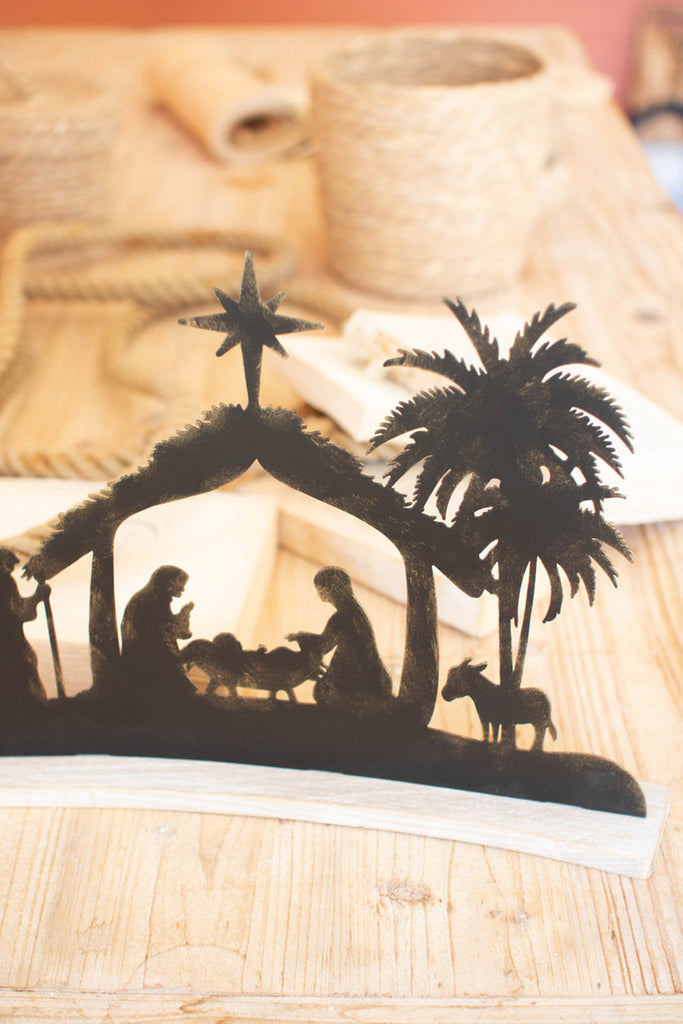 Black Metal Nativity on a Curved White Wood Base, Set of 2 - Bombay Mercantile