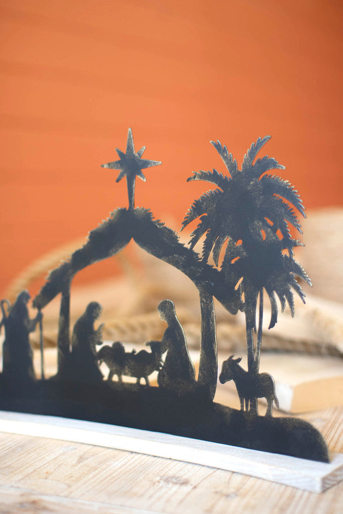 Black Metal Nativity on a Curved White Wood Base, Set of 2 - Bombay Mercantile