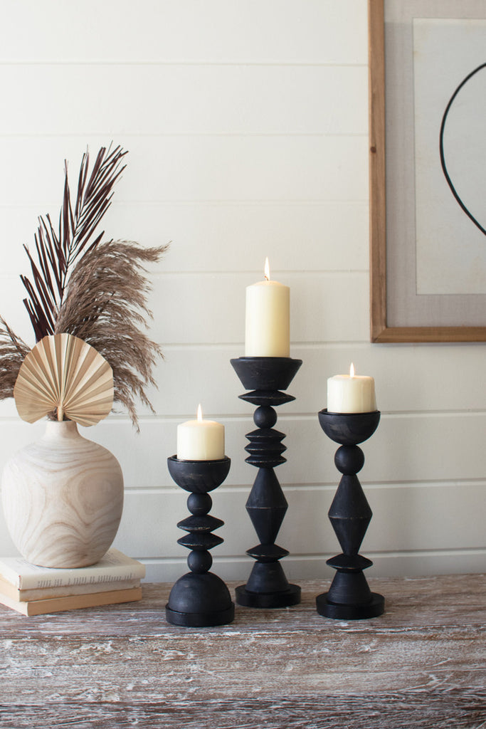 Set of 3 Black Turned Wood Candle Holders - Bombay Mercantile