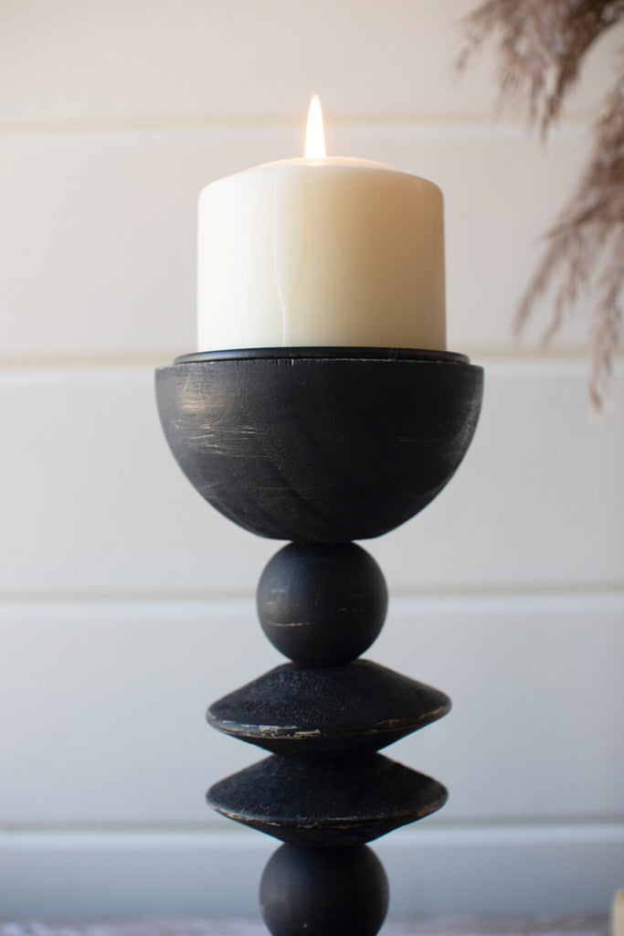 Set of 3 Black Turned Wood Candle Holders - Bombay Mercantile