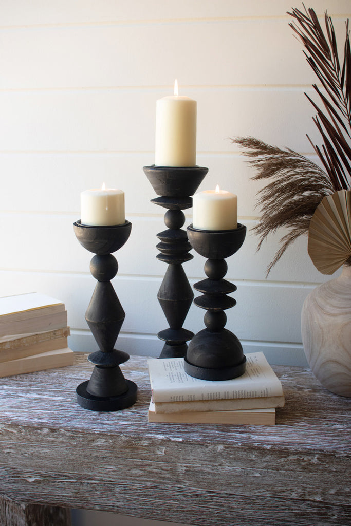 Set of 3 Black Turned Wood Candle Holders - Bombay Mercantile