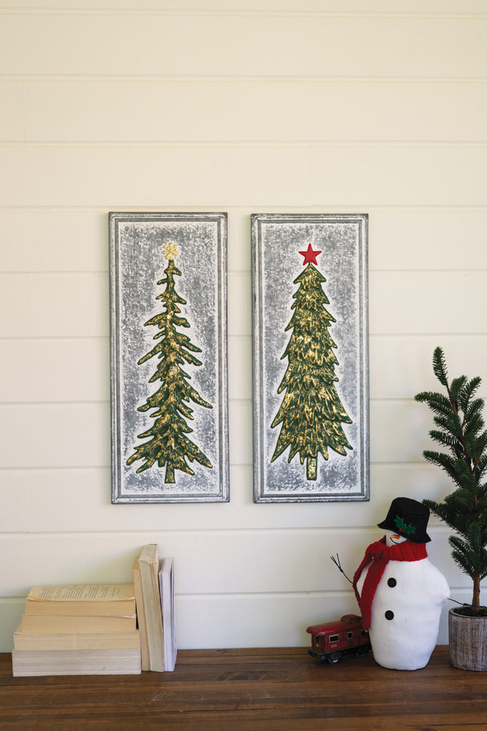 Set of 2 Painted Embossed Metal Christmas Trees Wall Art - Bombay Mercantile