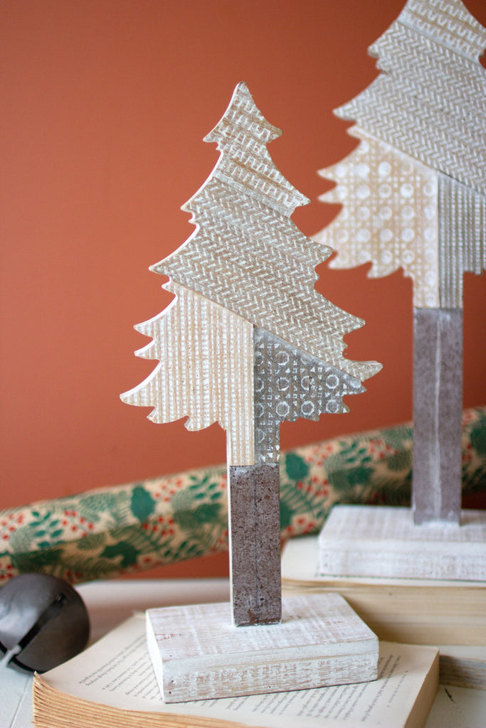 Set of 2 Wooden Christmas Trees on Bases - Bombay Mercantile