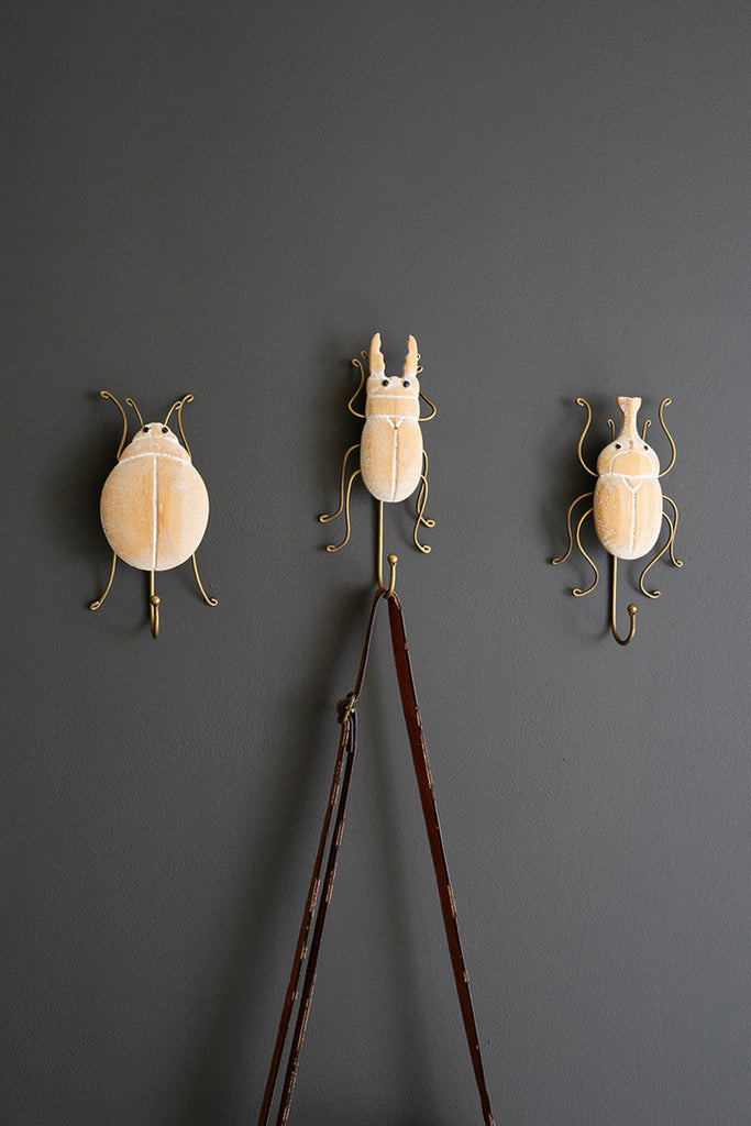 Set of 3 Carved Wood and Wire Beetle Wall Hooks - Bombay Mercantile