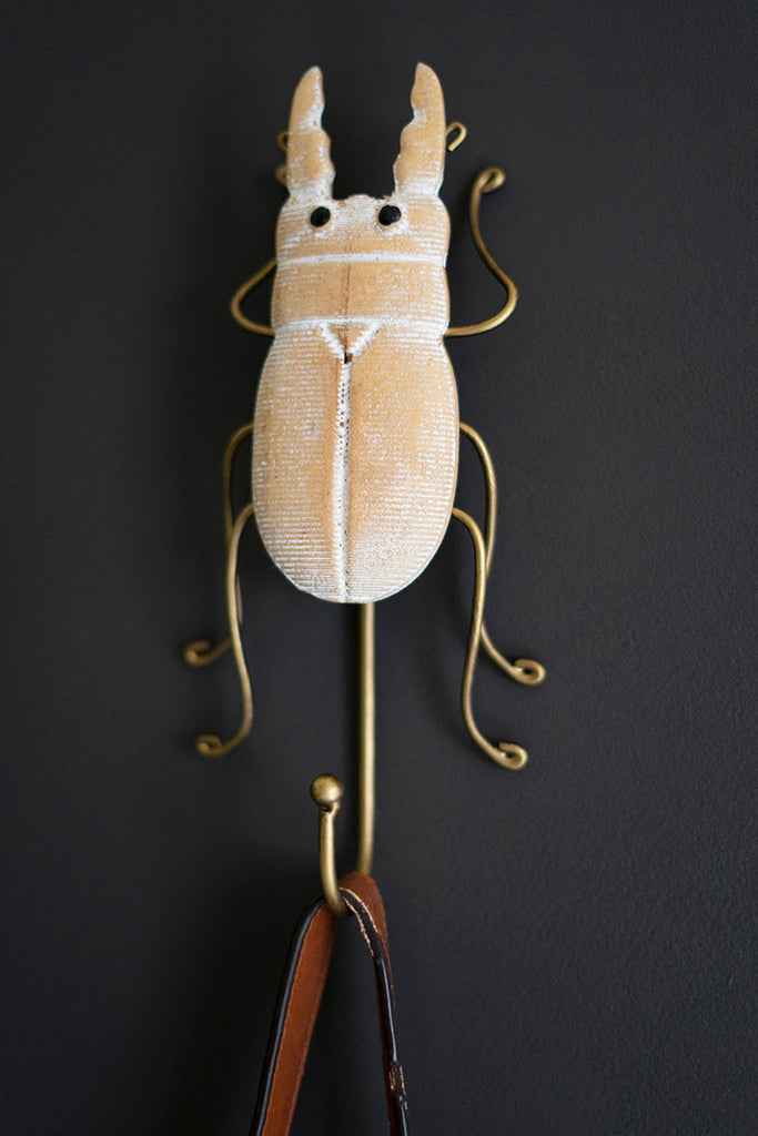 Set of 3 Carved Wood and Wire Beetle Wall Hooks - Bombay Mercantile