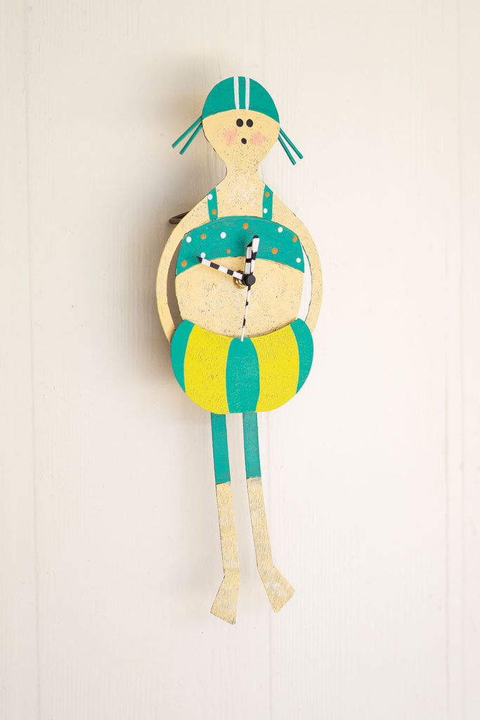 Hand-Painted Quirky Swimmer Girl Wall Clock - Bombay Mercantile