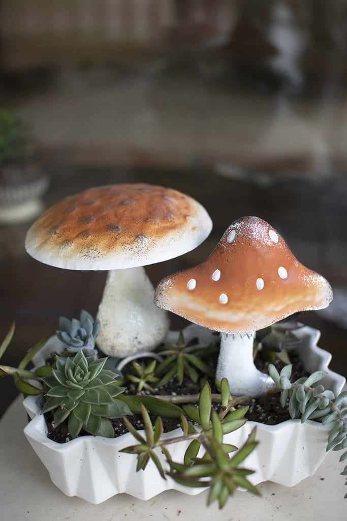 Set of 2 Painted Metal Mushroom Plant Stakes - Bombay Mercantile