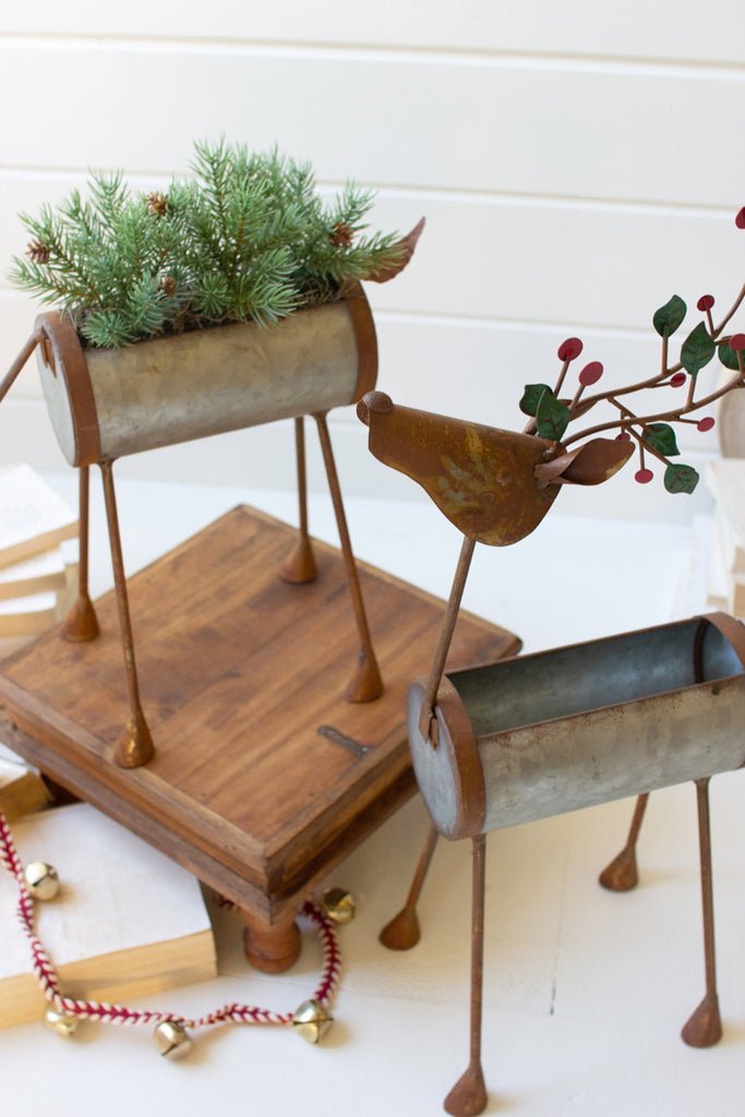 Set of 2 Painted Metal Reindeer Planters - Bombay Mercantile