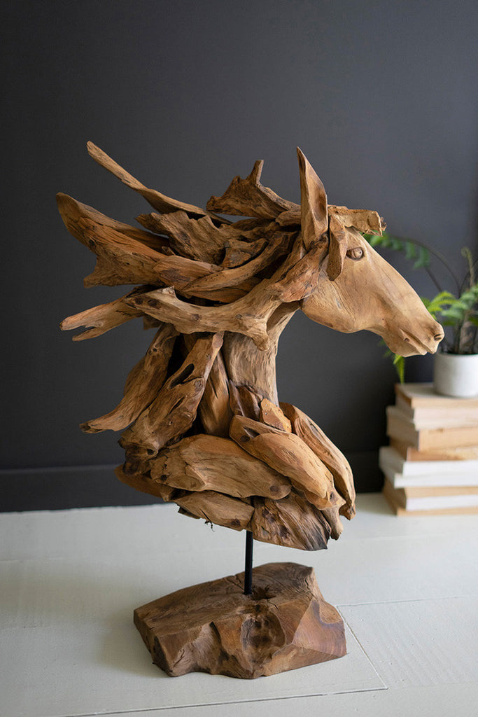 Teakwood Horse Head Sculpture with Base - Bombay Mercantile