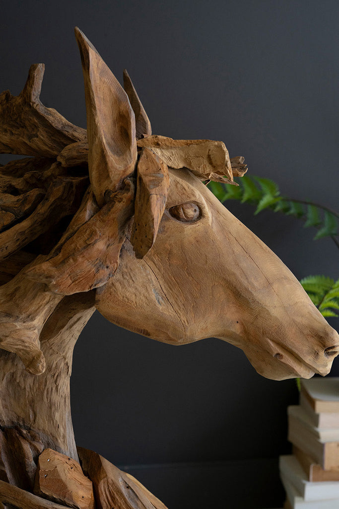 Teakwood Horse Head Sculpture with Base - Bombay Mercantile
