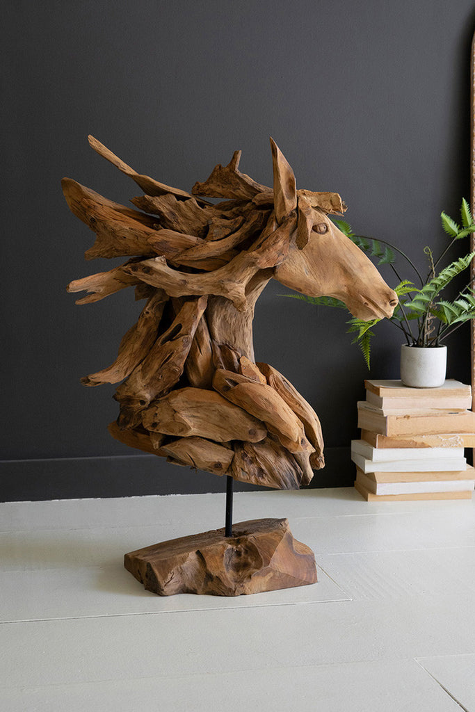 Teakwood Horse Head Sculpture with Base - Bombay Mercantile