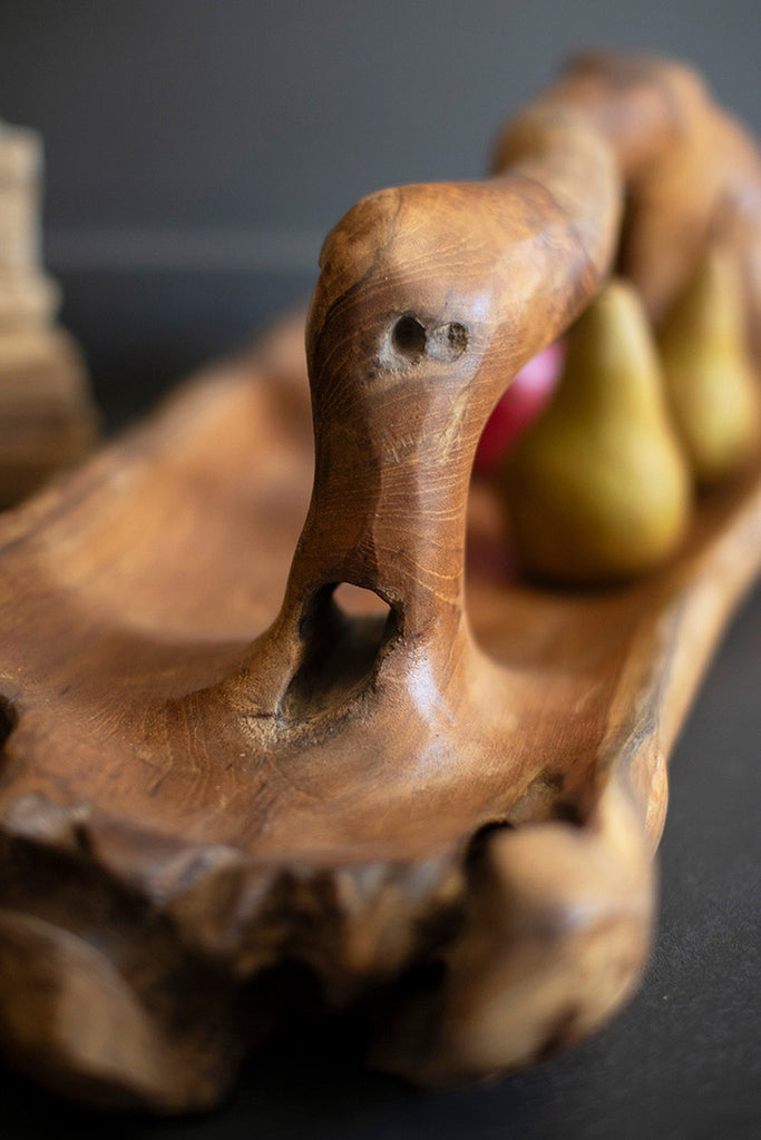 Large Oval Teak Bowl with Handle - Bombay Mercantile