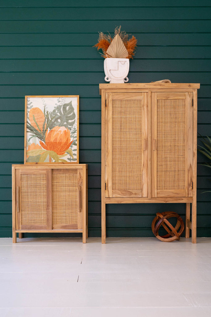 Wooden Cabinet with Woven Cane Detail - Bombay Mercantile