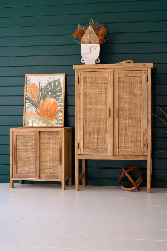 Wooden Cabinet with Woven Cane Detail - Bombay Mercantile