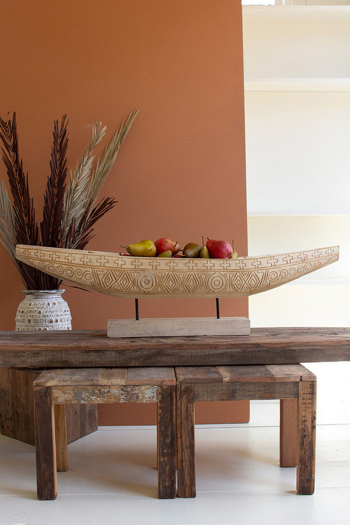 Natural Wooden Boat Decor on a Base - Bombay Mercantile