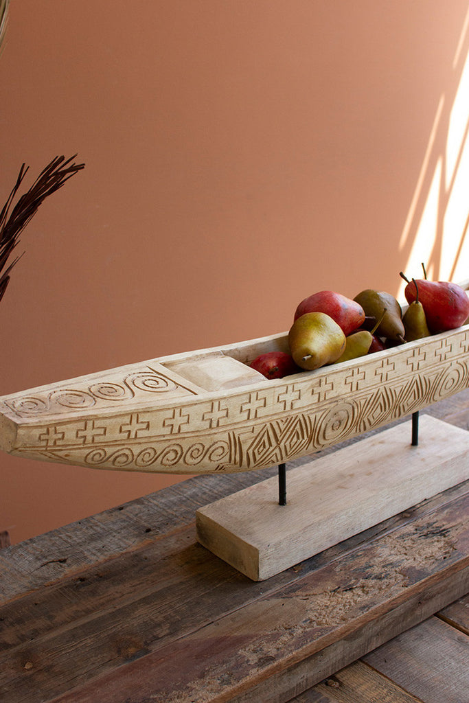 Natural Wooden Boat Decor on a Base - Bombay Mercantile